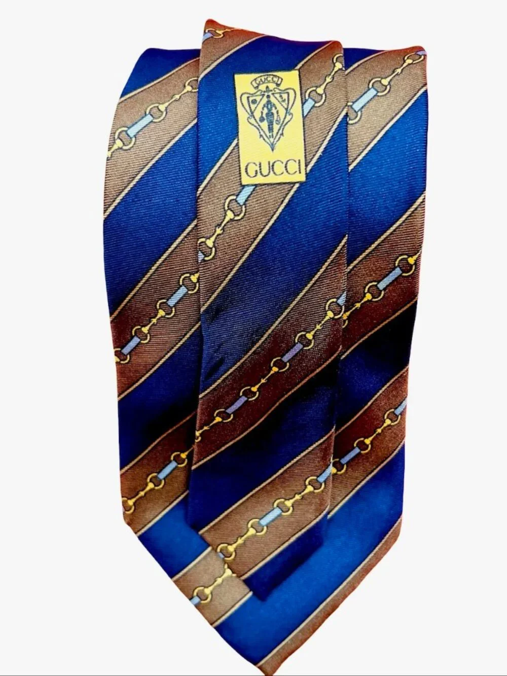 Classic Smooth Gucci Neck-Tie 100% silk blue brown gold striped, Italy Made ( 42
